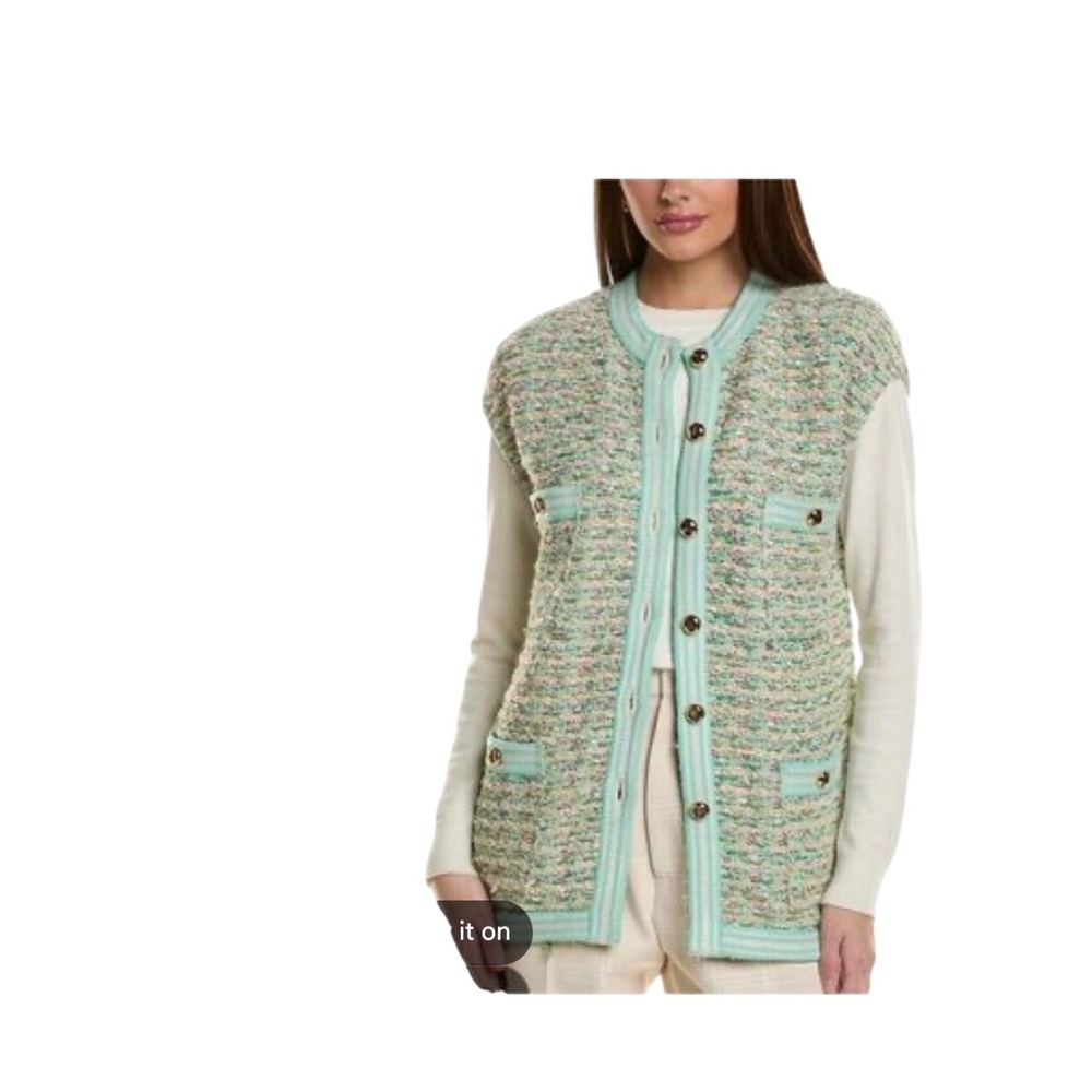 St. John Boucle Knit Vest XL Green Multi Color Gold Quiet Luxury Old Money Chic
